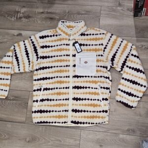 Cream Striped Sherpa Zip Jacket with Gold & Maroon Pattern